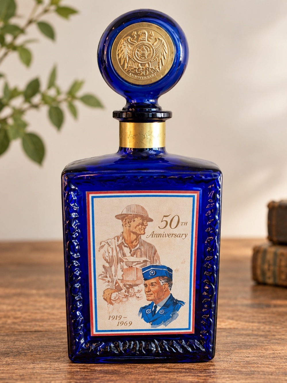 Vintage J.W. Dant 1919–1969 50th Anniversary Cobalt Blue Decanter